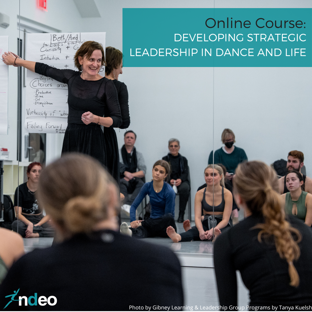 A teacher stands in front of a mirror with students sitting on the floor. In teal it says Online Course: Developing Strategic Leadership in Dance and Life